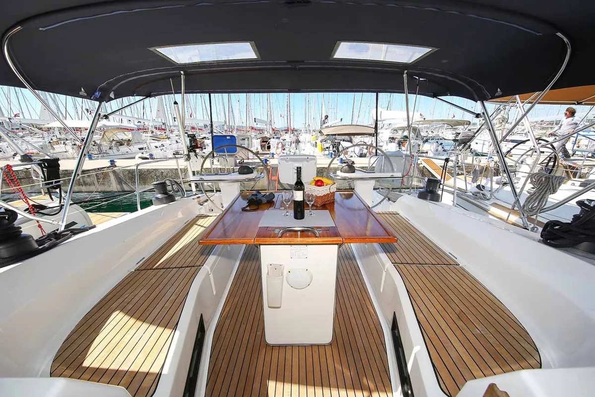 Deck of Wolke 7, a Bavaria Cruiser 45 sailboat at Kontokali, Greece