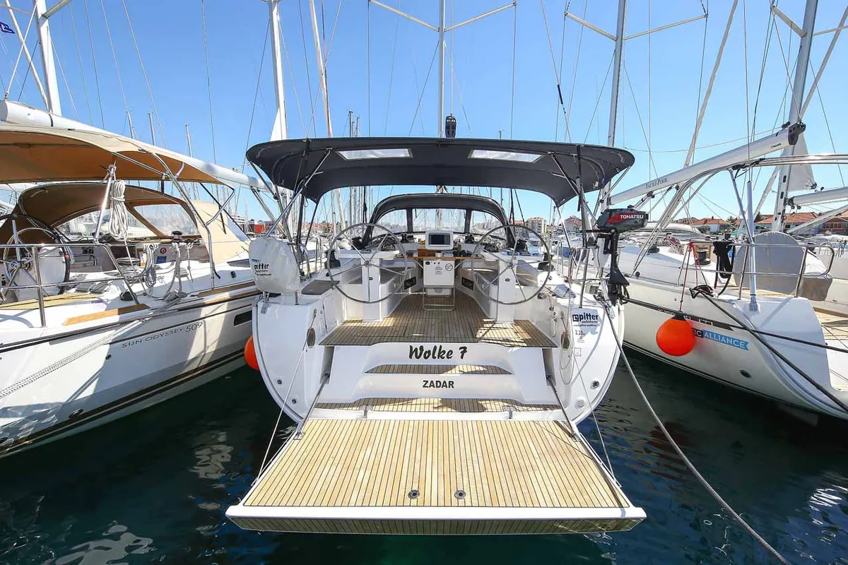 Exterior view of Wolke 7, a Bavaria Cruiser 45 sailboat at Kontokali, Greece