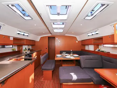 Salon of Wolke 7, a Bavaria Cruiser 45 sailboat at Kontokali, Greece
