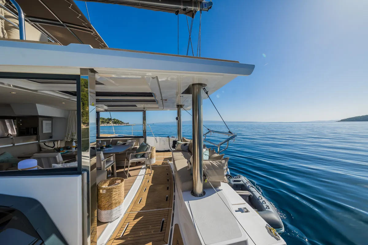 Deck of Bon Vivant, a Bali 4.8 catamaran at Grad Kaštela, Croatia
