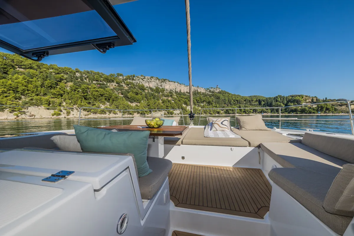Deck of Bon Vivant, a Bali 4.8 catamaran at Grad Kaštela, Croatia