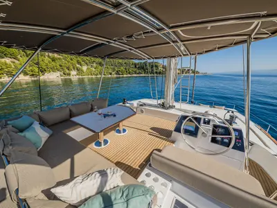 Cockpit of Bon Vivant, a Bali 4.8 catamaran at Grad Kaštela, Croatia