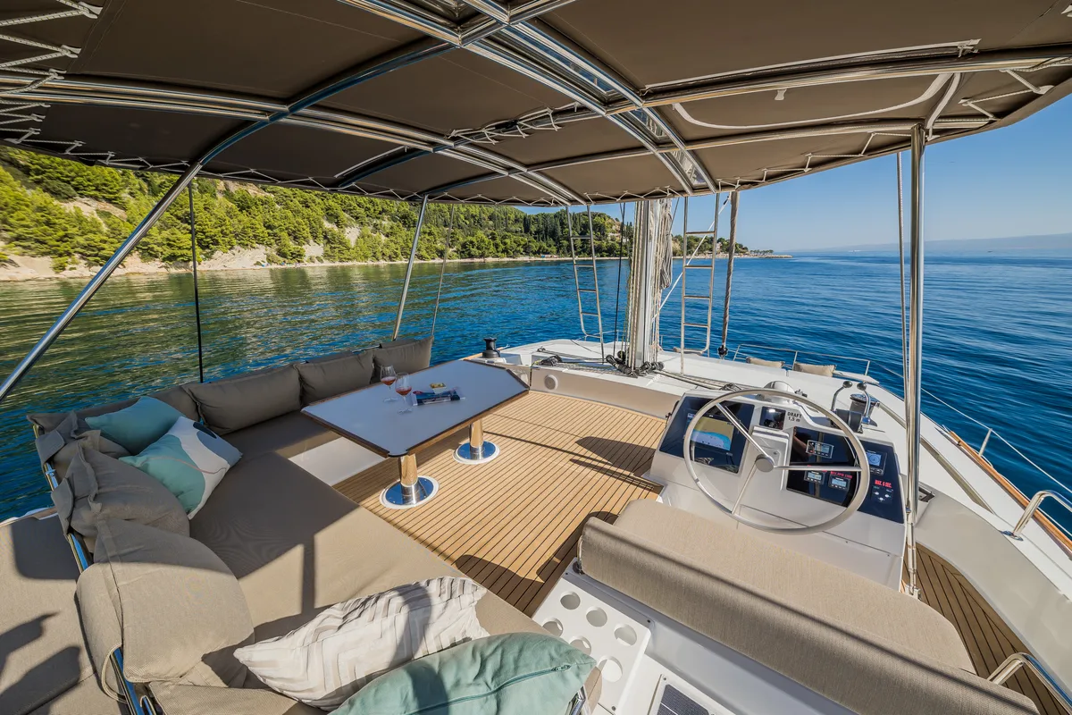Cockpit of Bon Vivant, a Bali 4.8 catamaran at Grad Kaštela, Croatia