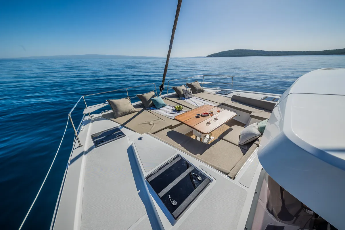 Deck of Bon Vivant, a Bali 4.8 catamaran at Grad Kaštela, Croatia