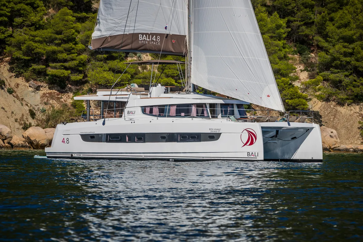 Exterior view of Bon Vivant, a Bali 4.8 catamaran at Grad Kaštela, Croatia