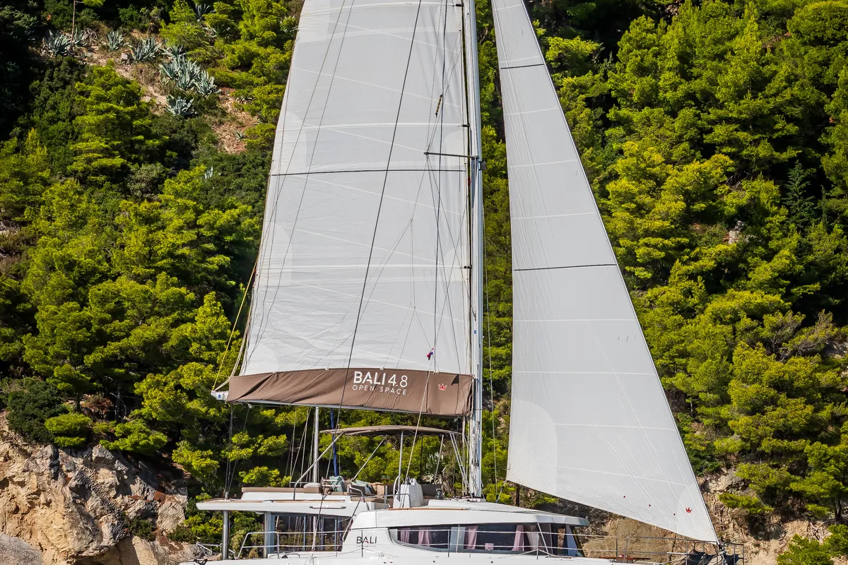 Exterior view of Bon Vivant, a Bali 4.8 catamaran at Grad Kaštela, Croatia