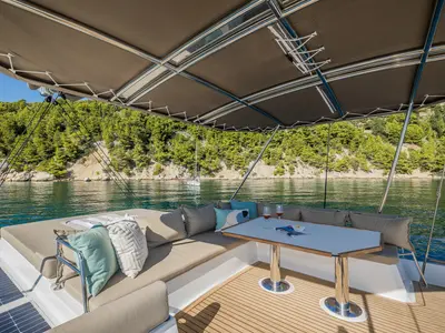 Deck of Bon Vivant, a Bali 4.8 catamaran at Grad Kaštela, Croatia