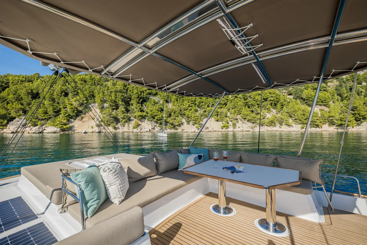 Deck of Bon Vivant, a Bali 4.8 catamaran at Grad Kaštela, Croatia