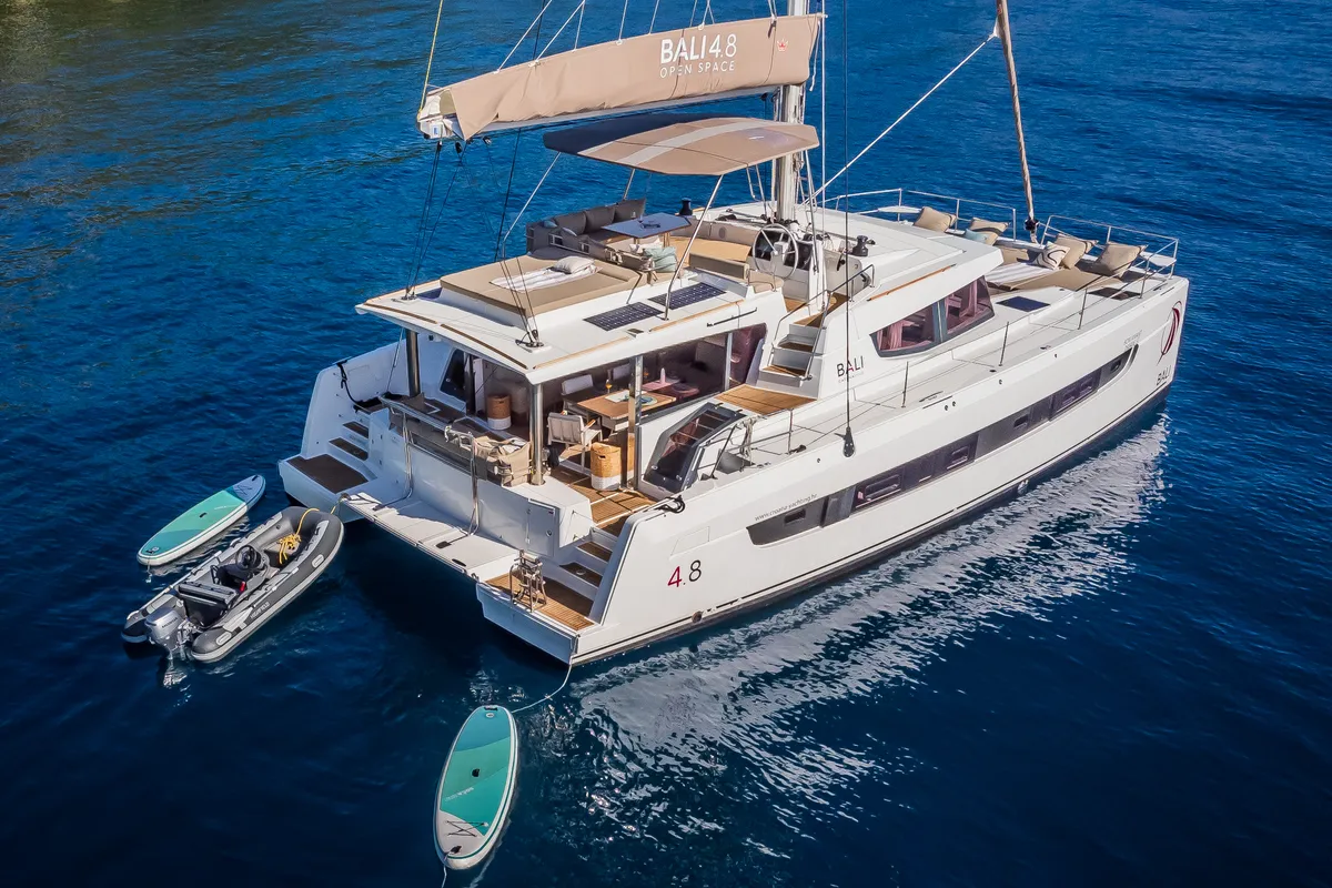 Exterior view of Bon Vivant, a Bali 4.8 catamaran at Grad Kaštela, Croatia