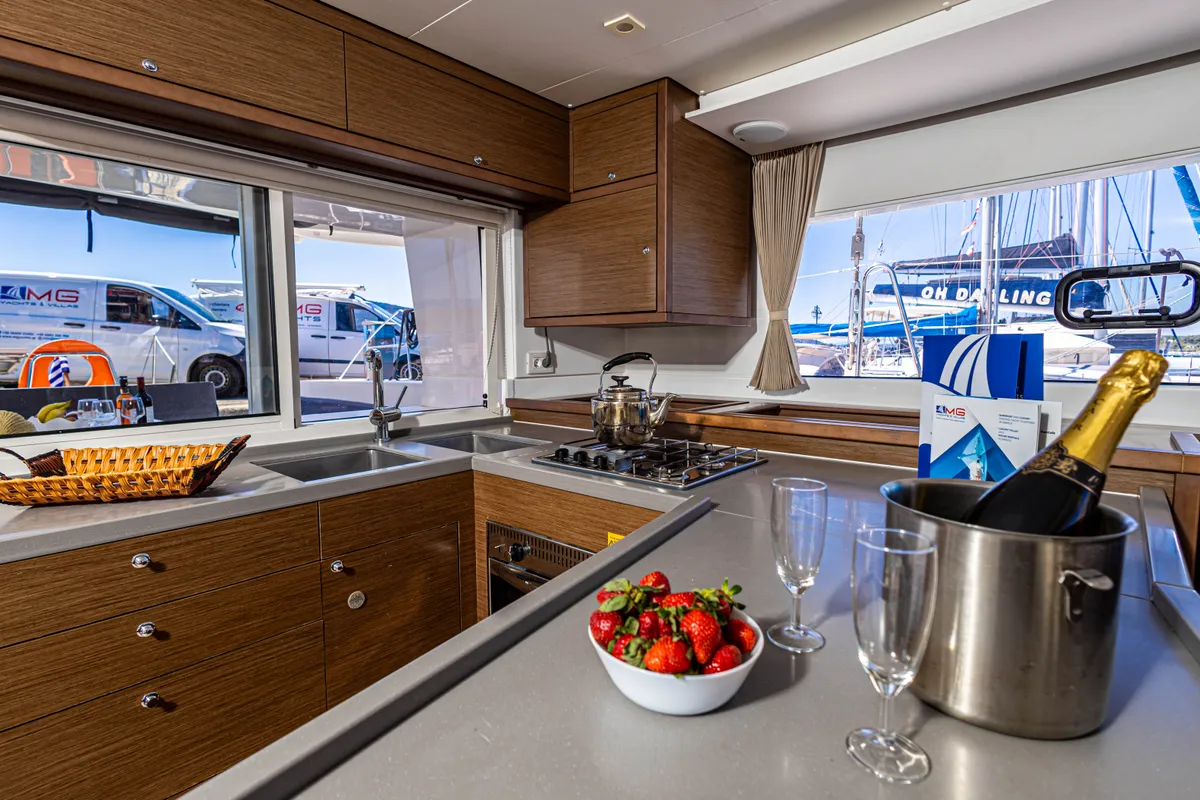 Head on Mary One, a Lagoon 450 F catamaran at Municipal Unit of Palairos, Greece