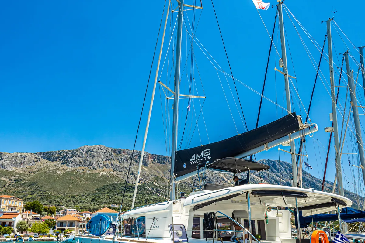 Exterior view of Mary One, a Lagoon 450 F catamaran at Municipal Unit of Palairos, Greece