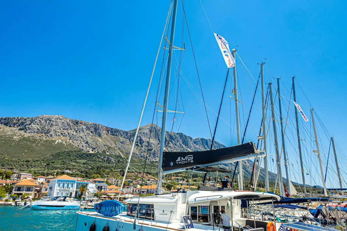Exterior view of Mary One, a Lagoon 450 F catamaran at Municipal Unit of Palairos, Greece