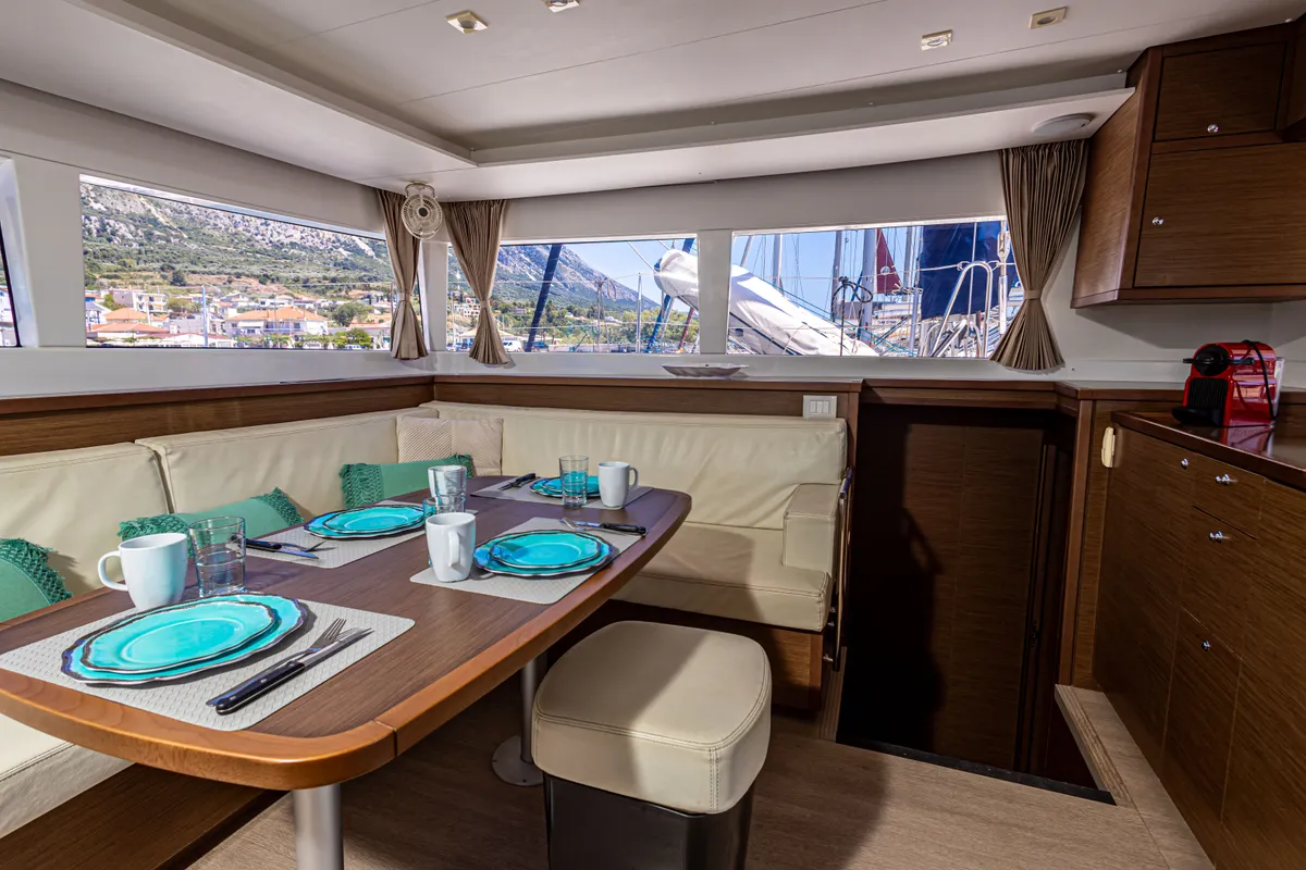 Salon of Mary One, a Lagoon 450 F catamaran at Municipal Unit of Palairos, Greece