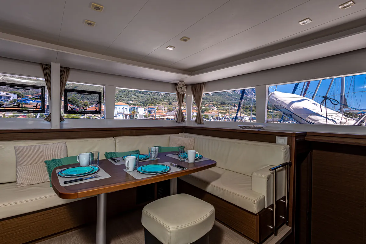 Salon of Mary One, a Lagoon 450 F catamaran at Municipal Unit of Palairos, Greece