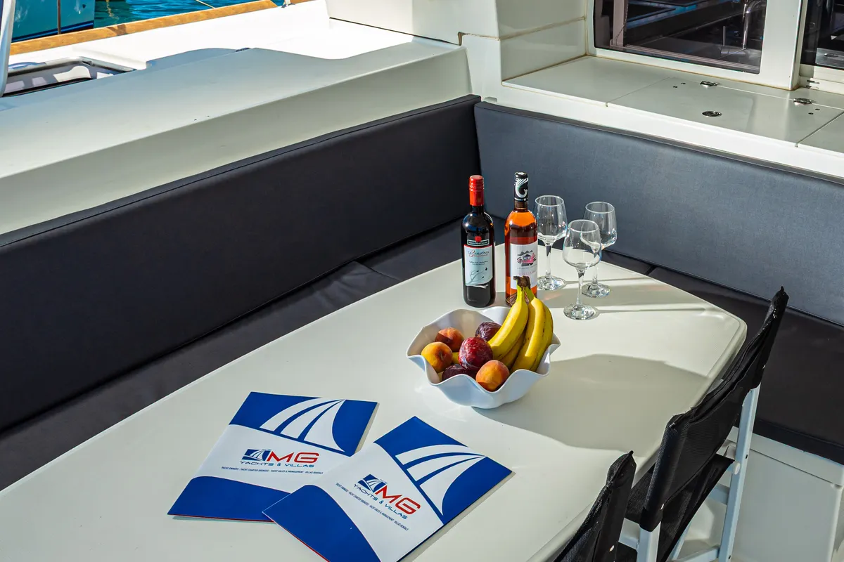 Deck of Mary One, a Lagoon 450 F catamaran at Municipal Unit of Palairos, Greece