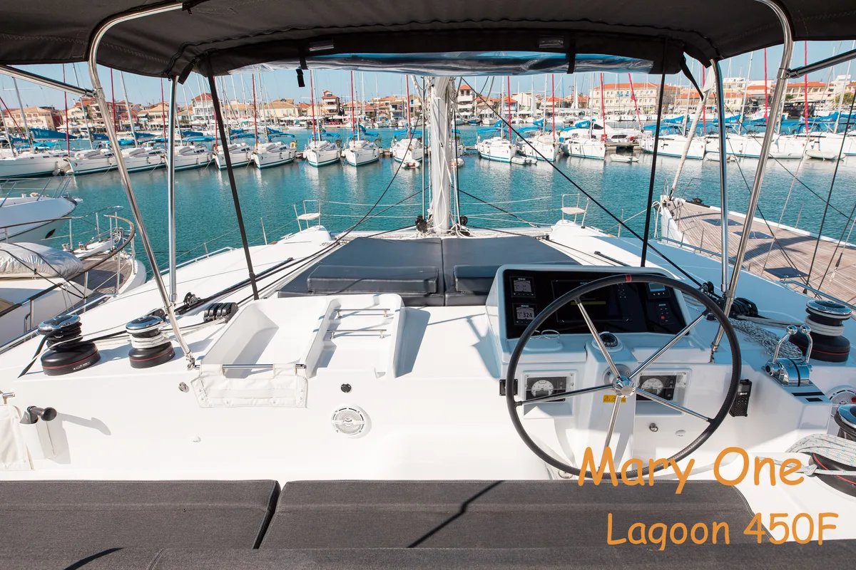 Cockpit of Mary One, a Lagoon 450 F catamaran at Municipal Unit of Palairos, Greece