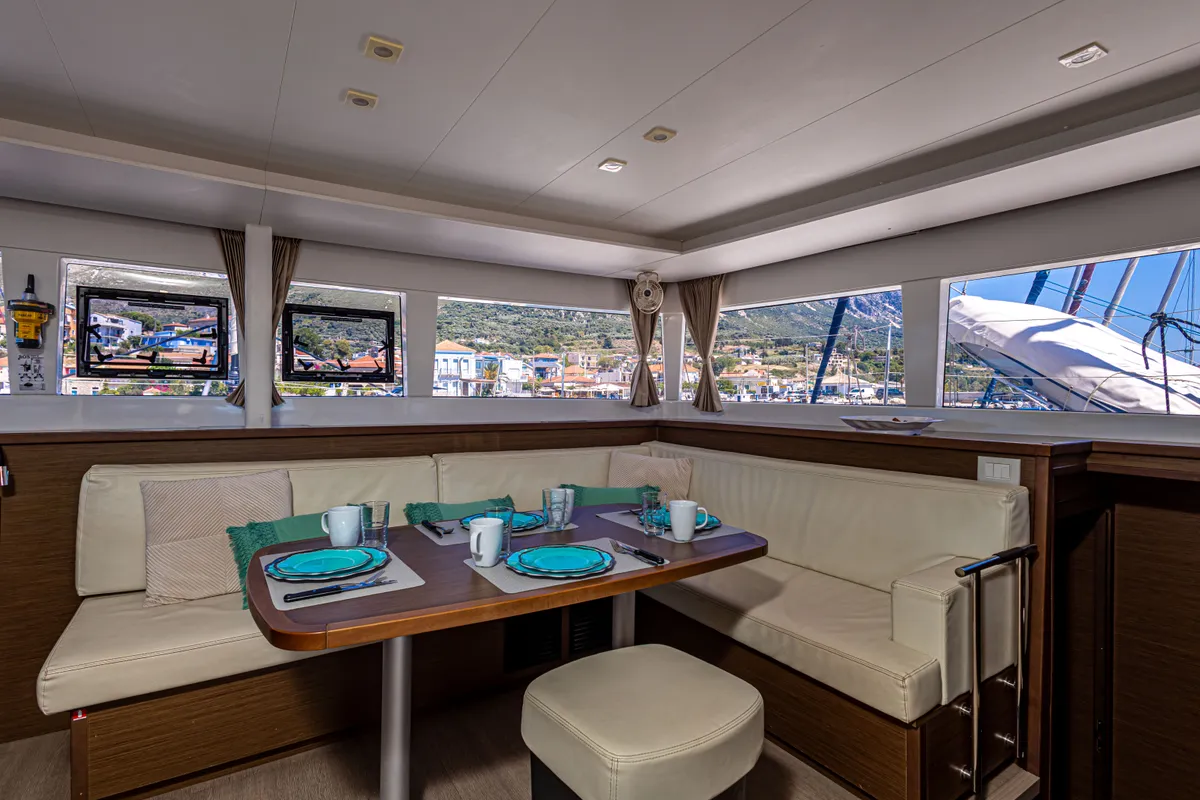 Salon of Mary One, a Lagoon 450 F catamaran at Municipal Unit of Palairos, Greece