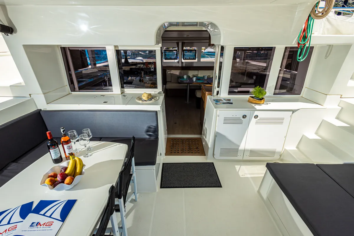 Deck of Mary One, a Lagoon 450 F catamaran at Municipal Unit of Palairos, Greece