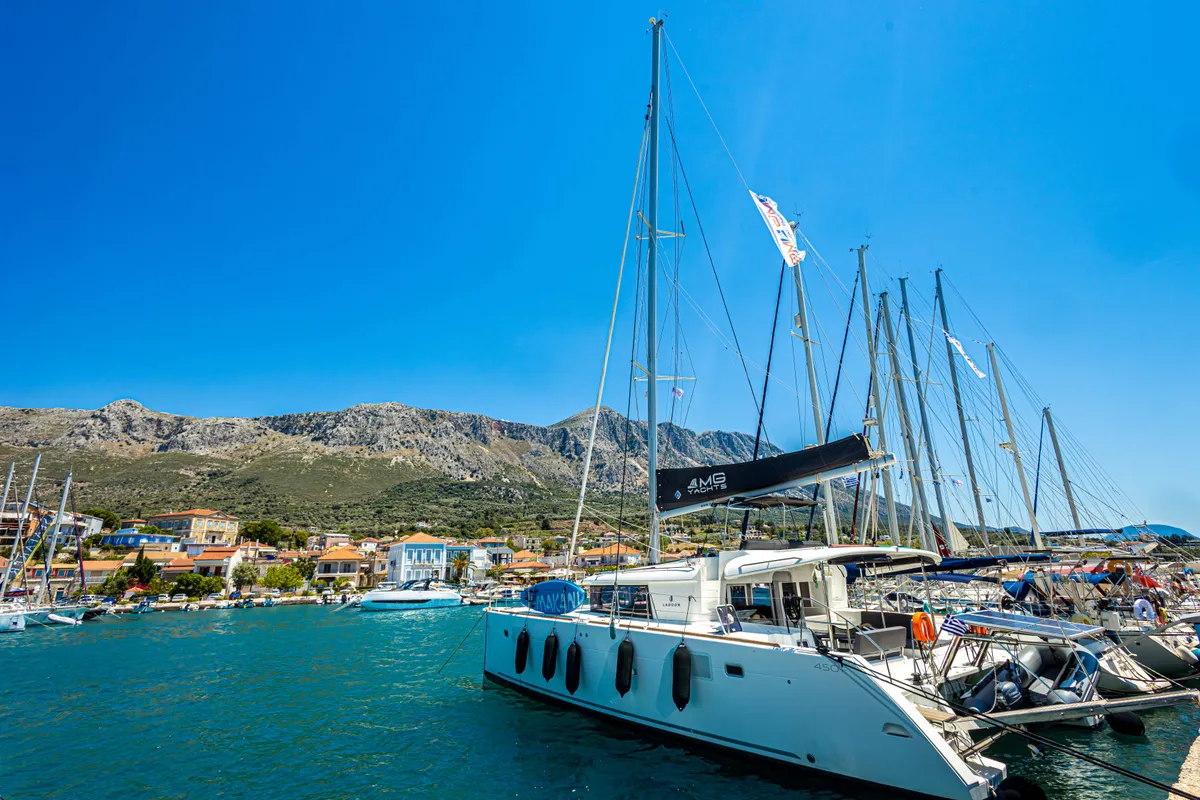 Exterior view of Mary One, a Lagoon 450 F catamaran at Municipal Unit of Palairos, Greece