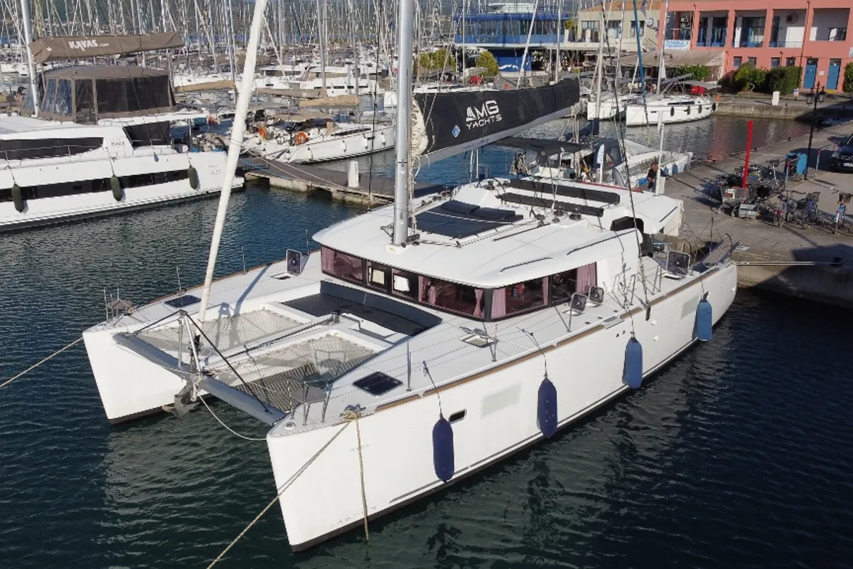 Exterior view of Mary One, a Lagoon 450 F catamaran at Municipal Unit of Palairos, Greece
