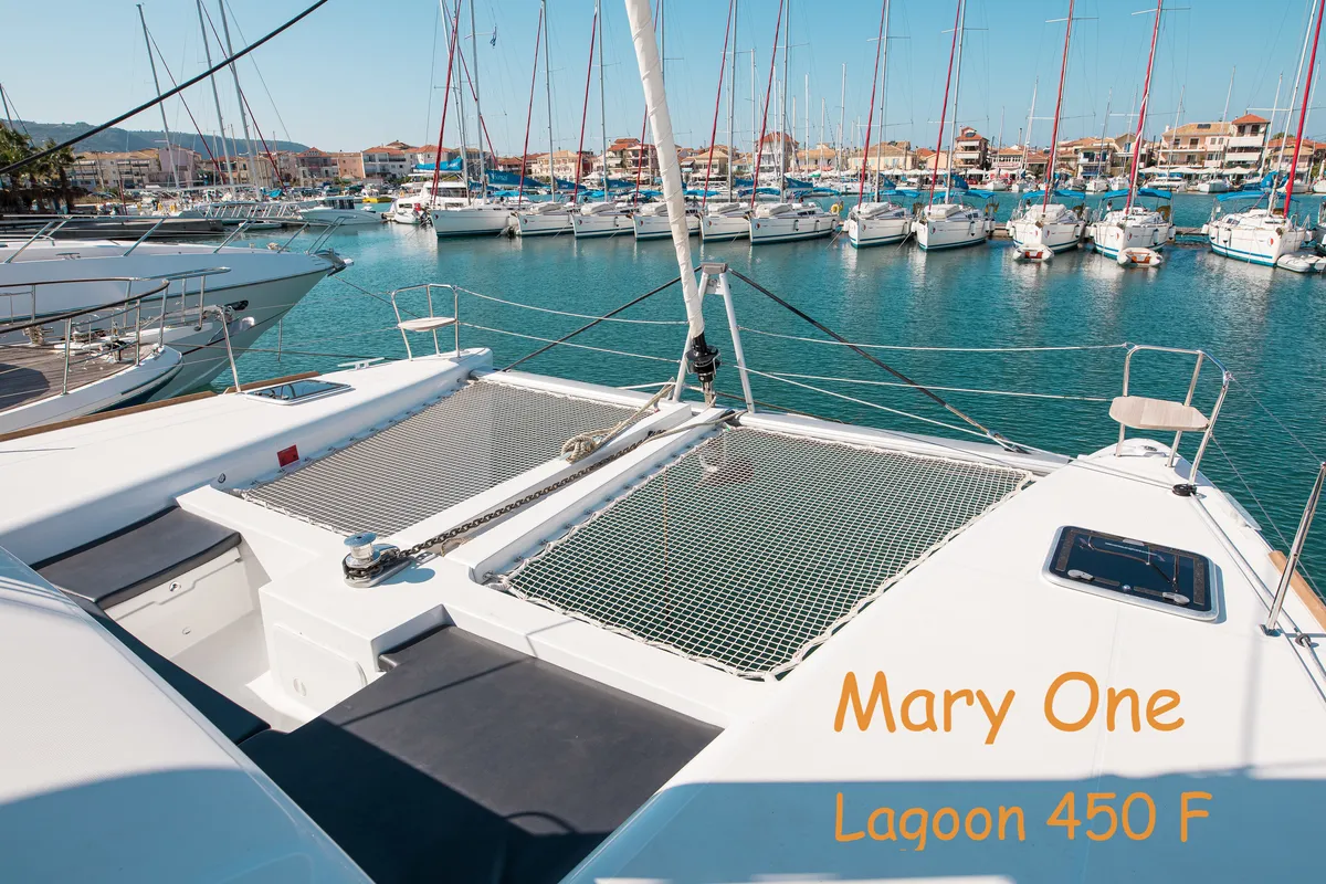 Deck of Mary One, a Lagoon 450 F catamaran at Municipal Unit of Palairos, Greece