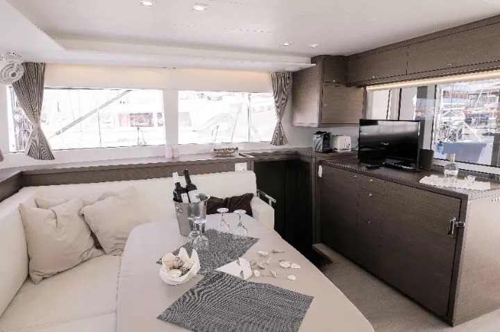 Salon of Mary One, a Lagoon 450 F catamaran at Municipal Unit of Palairos, Greece