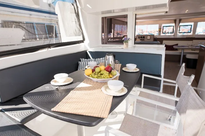 Deck of Mary One, a Lagoon 450 F catamaran at Municipal Unit of Palairos, Greece