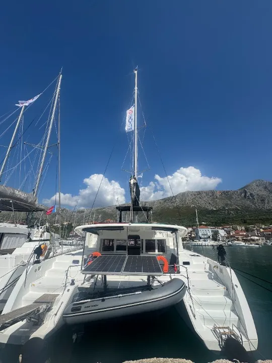 Deck of Mary One, a Lagoon 450 F catamaran at Municipal Unit of Palairos, Greece