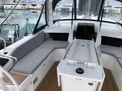 Cockpit of Callisto, a Beneteau Oceanis 46.1 sailboat at Salerno, Italy