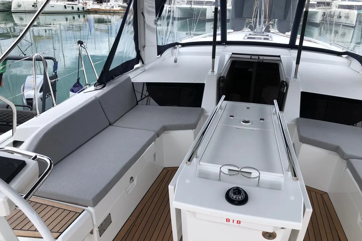 Cockpit of Callisto, a Beneteau Oceanis 46.1 sailboat at Salerno, Italy