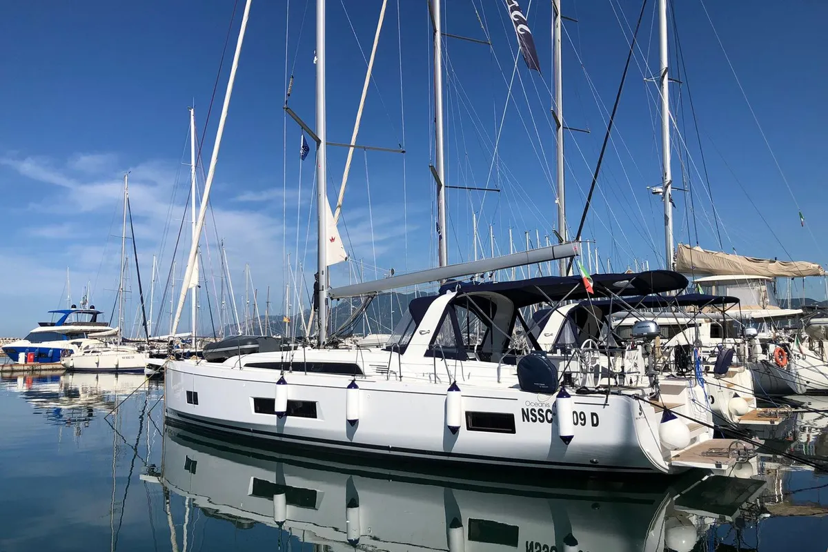 Exterior view of Callisto, a Beneteau Oceanis 46.1 sailboat at Salerno, Italy