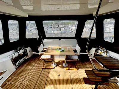 Deck of Spaceship, a Bavaria Virtess 420 Fly motor yacht at Punat, Croatia