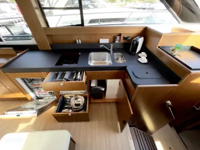 Galley of Spaceship, a Bavaria Virtess 420 Fly motor yacht at Punat, Croatia