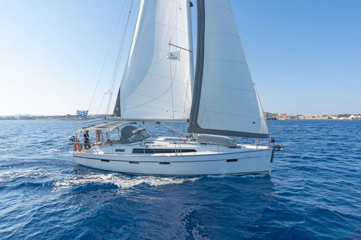 Exterior view of Altair, a Bavaria Cruiser 41 sailboat at Volos, Greece