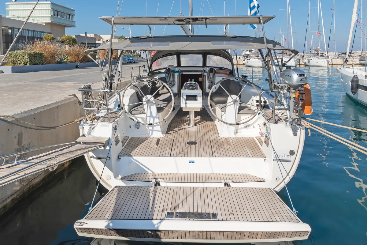 Deck of Altair, a Bavaria Cruiser 41 sailboat at Volos, Greece