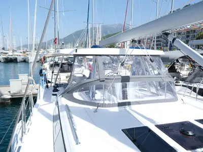 Deck of Bavaria C46, a sailboat at Fethiye, Turkey
