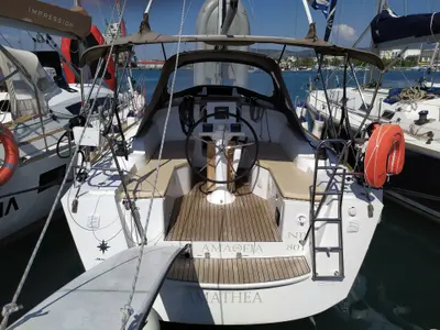 Cockpit of Amathea, a Jeanneau Sun Odyssey 319 sailboat at Volos, Greece