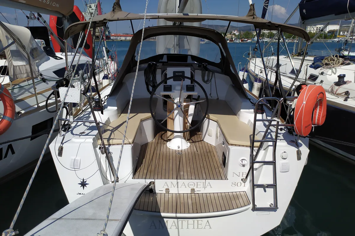 Cockpit of Amathea, a Jeanneau Sun Odyssey 319 sailboat at Volos, Greece