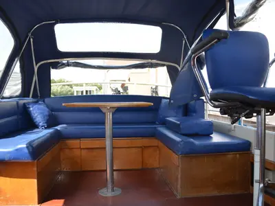 Deck of South Pacific, a De Drait Doerak 850 OK motorboat at Drachten, Netherlands