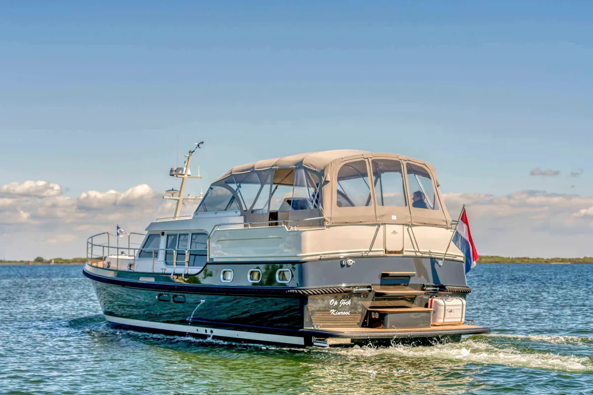 Exterior view of Op Jöck, a Gulet x-reuse motorboat at Kinrooi, Belgium