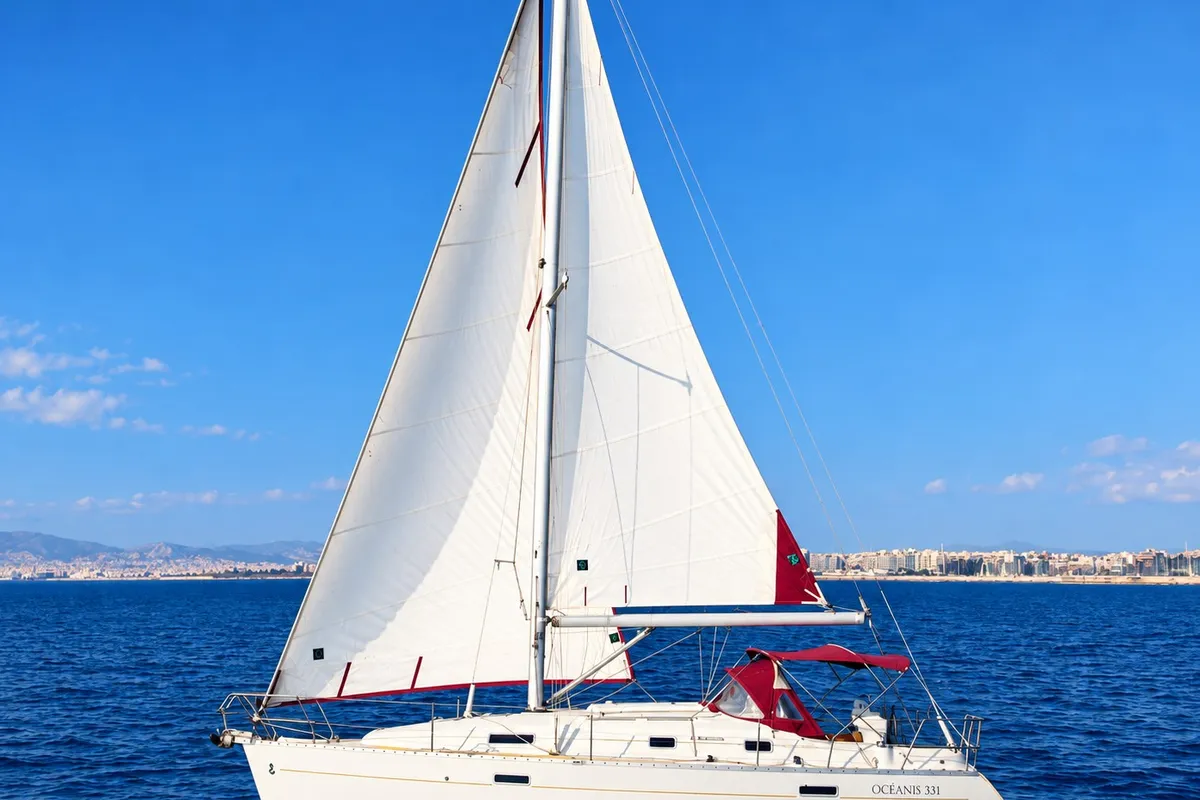 Exterior view of Rocinante, a Beneteau Oceanis 331 sailboat at Athens, Greece