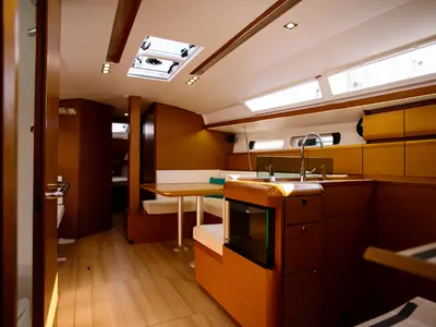 Galley of Alpha, a Jeanneau Sun Odyssey 449 sailboat at Athens, Greece