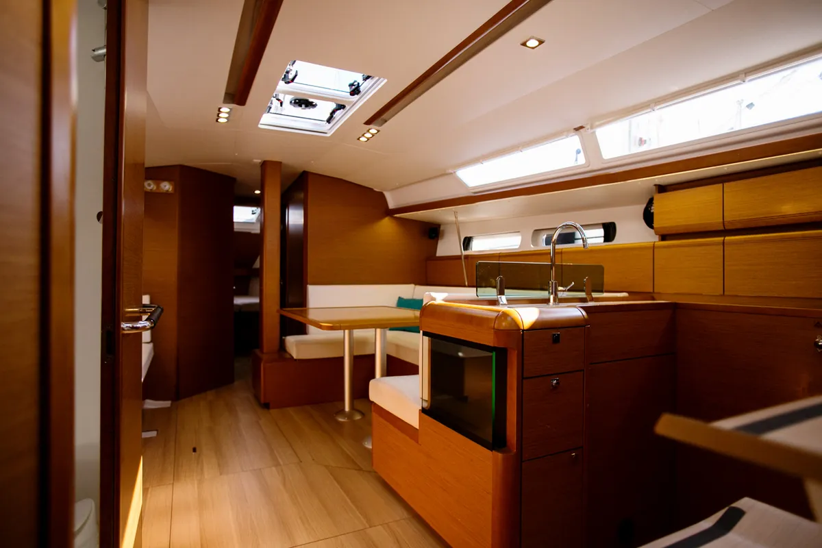 Galley of Alpha, a Jeanneau Sun Odyssey 449 sailboat at Athens, Greece