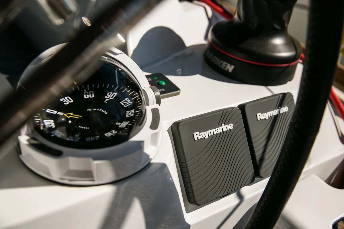 Cockpit of Alpha, a Jeanneau Sun Odyssey 449 sailboat at Athens, Greece