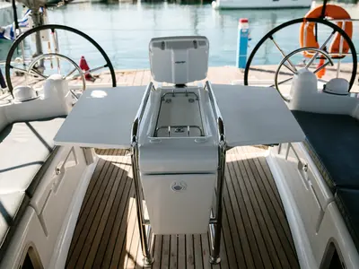 Deck of Alpha, a Jeanneau Sun Odyssey 449 sailboat at Athens, Greece