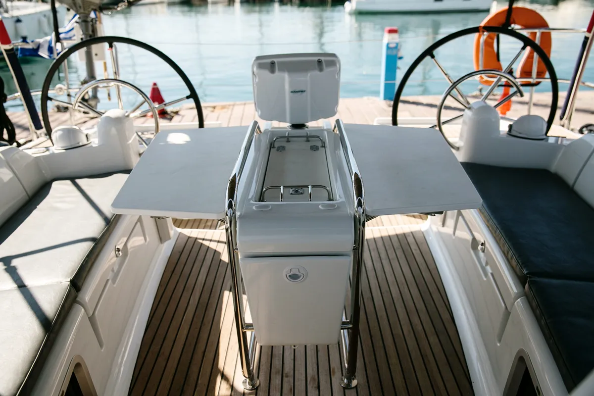 Deck of Alpha, a Jeanneau Sun Odyssey 449 sailboat at Athens, Greece