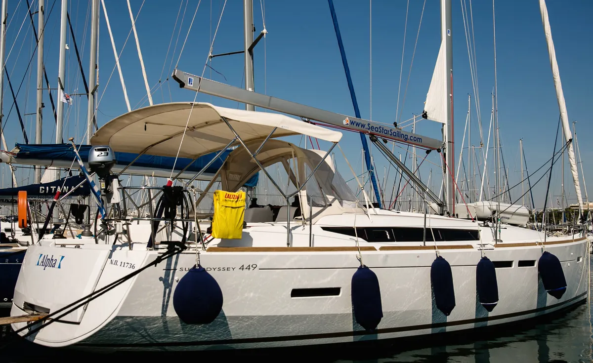 Exterior view of Alpha, a Jeanneau Sun Odyssey 449 sailboat at Athens, Greece