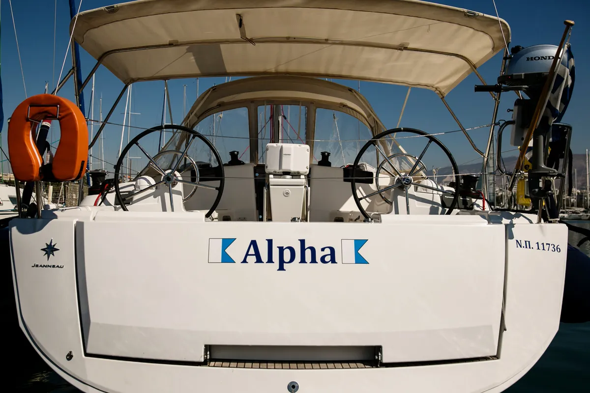 Exterior view of Alpha, a Jeanneau Sun Odyssey 449 sailboat at Athens, Greece