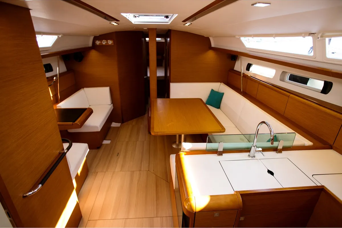 Exterior view of Alpha, a Jeanneau Sun Odyssey 449 sailboat at Athens, Greece