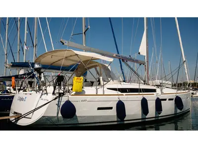 Cockpit of Alpha, a Jeanneau Sun Odyssey 449 sailboat at Athens, Greece